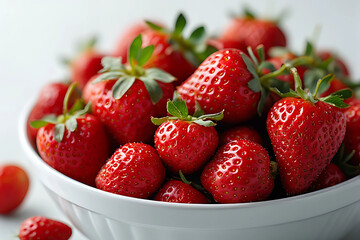 Close-up of a white bowl overflowing with bright red, fresh, ripe strawberries and green stems, set against a light background.