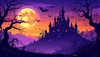 Eerie Halloween Castle Under a Giant Full Moon with Flying Bats and Spooky Trees