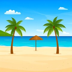 Obraz premium Tropical beach scene with palm trees and umbrella