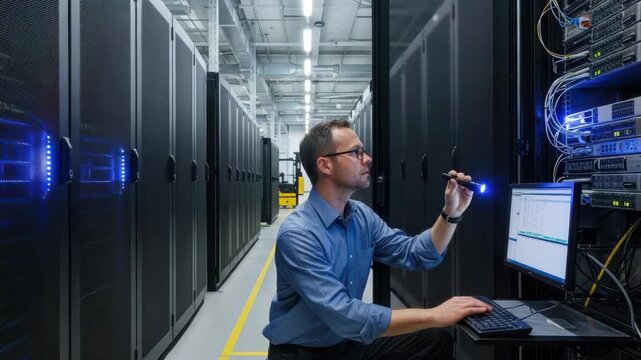 technician in glasses and blue shirt kneels in server room using blue-light flashlight to inspect rack He operates keyboard and monitor surrounded by rows of black cabinets with glowing blue lights