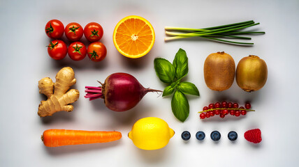 Flat lay of fresh fruits vegetables neatly arranged white background