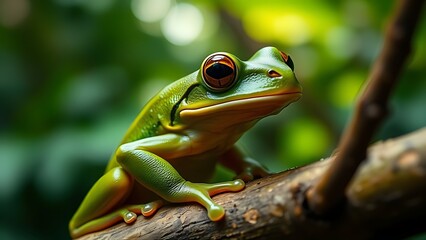 Obraz premium Close-up portrait of a vibrant green tree frog in its lush rainforest habitat.