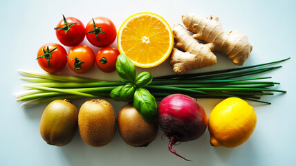 Flat lay of fresh fruits vegetables neatly arranged white background