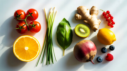 Flat lay of fresh fruits vegetables neatly arranged white background