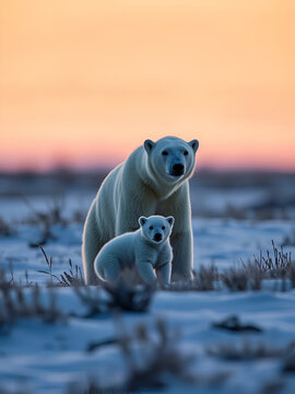 Polar bear and cub emerges from behind esker at dusk