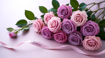 Flat lay roses, pink-purple corner composition, solid light background