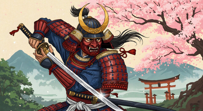 Samurai Warrior in Battle: A valiant samurai, clad in ornate armor, prepares for combat with unwavering resolve against a backdrop of cherry blossom trees and traditional japanese architecture.