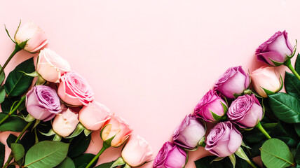 Flat lay roses, pink-purple corner composition, solid light background