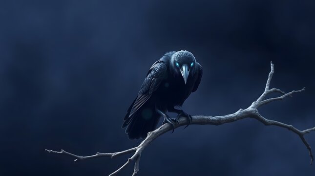 A raven perched on a branch in the dark night, its black feathers glistening in the dim light, its eyes shining with intelligence, creating a mysterious atmosphere