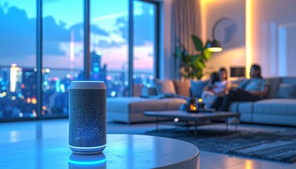 A cinematic smart home interior with AI devices, adaptive lighting, and modern futuristic lifestyle blending comfort and technology seamlessly