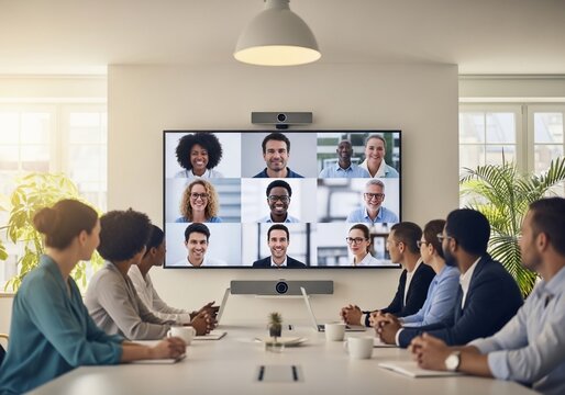 Diverse team engages in virtual meeting, fostering global collaboration and remote connectivity in modern office.