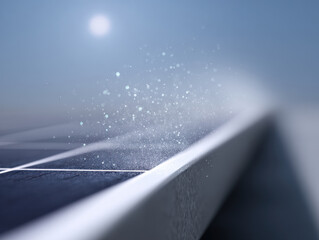 Solar panel maintenance concept with water spray cleaning surface under bright sunlight for efficiency