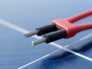 Solar panel maintenance tool close up with metal probes on blue solar cell surface for electrical testing