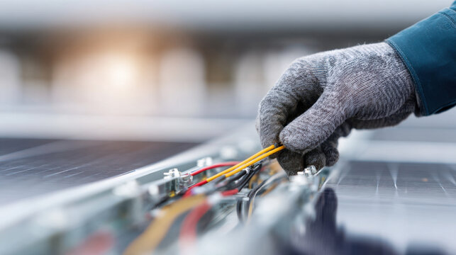 Solar panel maintenance with gloved hand adjusting electrical wires on clean photovoltaic module in bright daylight