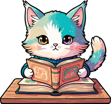 Cute Cat Reading Book in Library Vector Illustration
