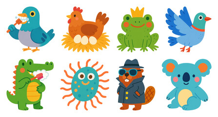 Obraz premium PNG Colorful cartoon animal illustrations, element set on transparent background