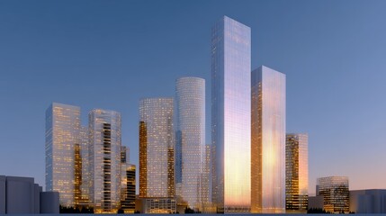 Fototapeta premium Modern City Skyline with Skyscrapers and Reflections in Twilight at Dusk