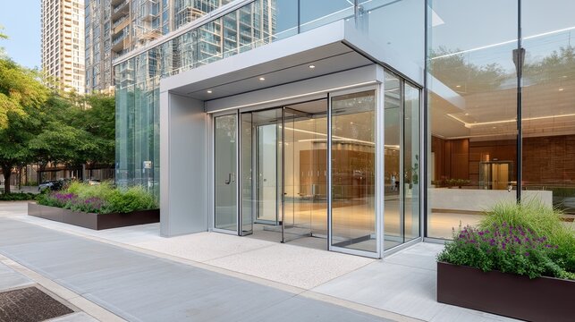 Modern Glass Building Entrance with Automatic Doors and Elegant Landscaping in Urban Environment