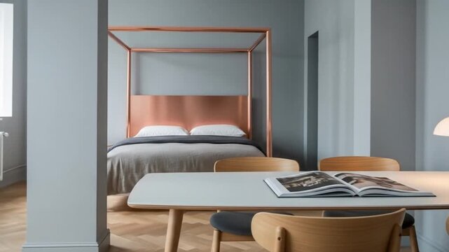 Copper bed frame in a stylish apartment