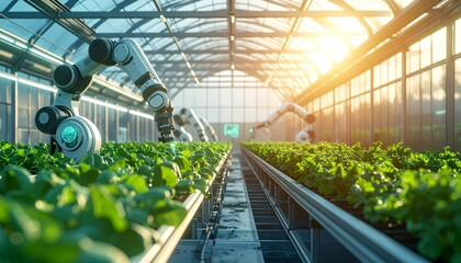 A futuristic sustainable smart farm with IoT systems, robotic automation, and advanced hydroponics creating eco-friendly agriculture solutions