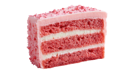 A slice of strawberry pink cake dessert sweet bakery piece creamy sponge frosting icing delicious layered tasty treat on white background