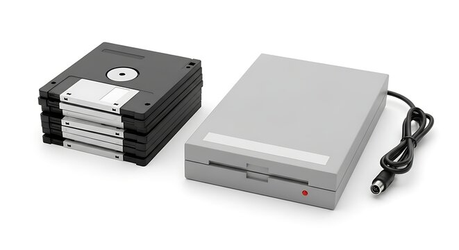 A stack of black 3.5-inch floppy disks next to a gray external floppy disk drive with a black cable.