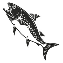 Stylized black silhouette of a leaping tarpon fish with its mouth open and scales detailed against a white background