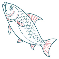 Stylized illustration of a leaping fish with dark blue outline and subtle red accents on white background