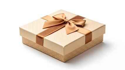 Elegant beige gift box with golden ribbon bow isolated on white background

