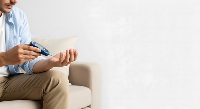 Man checking blood sugar level with glucometer at home, healthcare and diabetes awareness concept with copy space, monitoring glucose for healthy lifestyle and medical prevention.