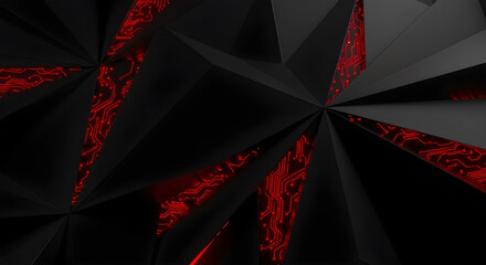 Abstract Dark Polygonal Background with Glowing Red Circuit Board Texture
