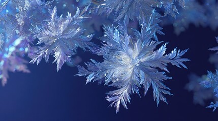 A macro shot showing a collection of intricate ice crystals shimmering against a deep blue