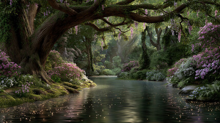 Naklejka premium Serene River Scene: A tranquil river flows through a lush, vibrant forest, reflecting the beauty of nature. The air is filled with serenity. The light dances gracefully across the water.