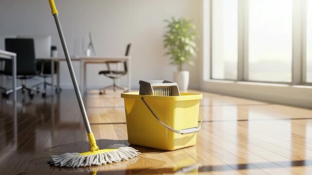 yellow-headed string mop rests on wet wooden office floor next to yellow bucket with grey wringer Sunlight streams through large windows illuminating desks and plant