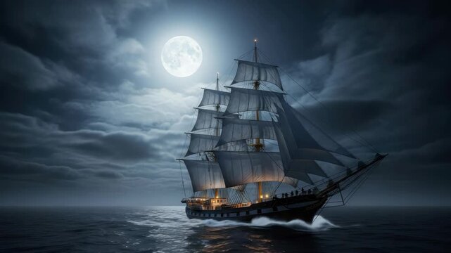 tall ship sails under bright full moon at night Dark clouds frame the sky reflecting on the rippling ocean surface as the vessel cuts through waves lit by its own deck lights
