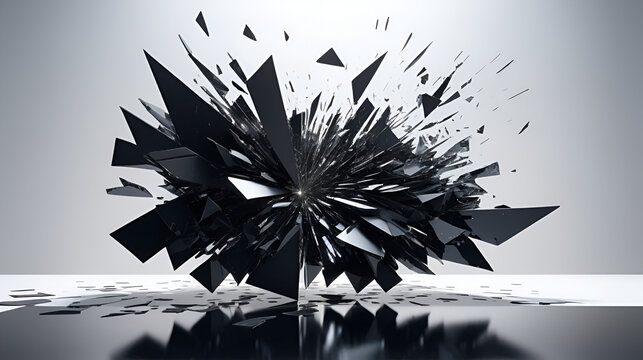An abstract composition showcasing shattered pieces of dark material suspended mid-air against a bright, diffused background, with reflections on a polished surface.