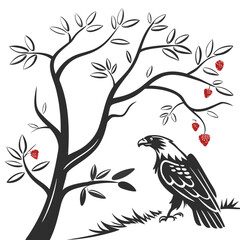 Fototapeta premium Elegant black and white illustration of an eagle standing near a tree with red berries, a striking nature scene