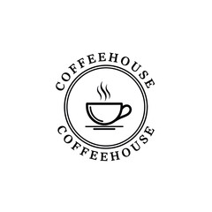 Classic circular logo for a coffeehouse, featuring a minimalist black line art icon of a steaming cup on a saucer.