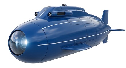 A sleek, futuristic blue submersible with a large glass dome at the front and two spotlights, isolated on a white background.
