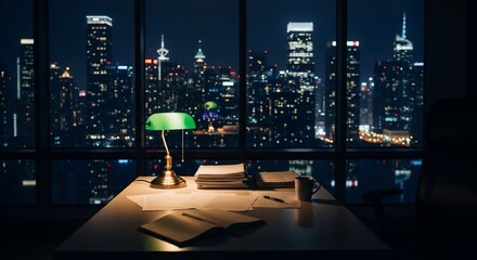 Illuminated desk with green lamp against a backdrop of a sparkling cityscape at night