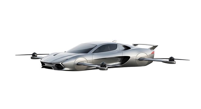 A futuristic silver flying car with wings extended, showcasing advanced transportation technology.
