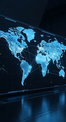 Illuminated World Map Displaying Global Connections and Data Flow in a Futuristic Style