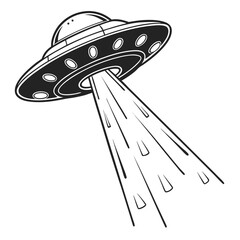 Vintage monochrome ufo abduction concept with flying saucer and light beam great for scifi, space exploration, or extraterrestrial themes © Ferdou