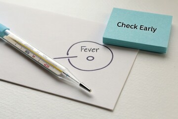 Medical illustration showing a thermometer beside a note emphasizing the importance of early fever detection