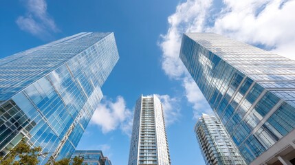 Obraz premium Modern Urban Skyline Featuring Glass Buildings Against a Bright Blue Sky with Fluffy Clouds
