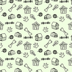 Seamless pattern vector illustration of a dog, cat paw, and bone on a seamless background. Animals, pets, wallpaper, white, background