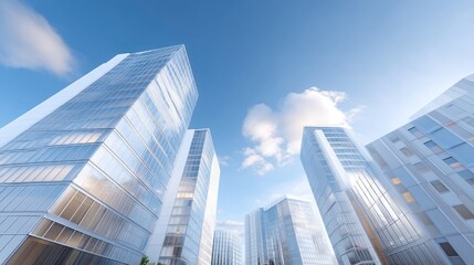 Fototapeta premium Modern Urban Skyscrapers Surrounded by Blue Sky and Soft Clouds in Bright Daylight