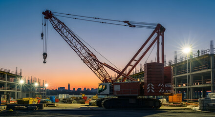 Fototapeta premium Construction Crane at Dusk: A towering crane dominates the skyline of a bustling construction site as twilight paints the sky.