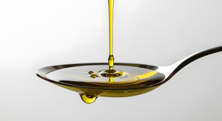 Golden Pour: A close-up shot captures the seamless flow of golden liquid being carefully poured onto a silver spoon, the pristine drops reflecting the simplicity and elegance of the scene.