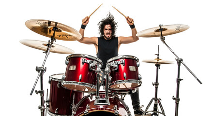 Unleashed Rhythm: A dynamic drummer in his element, absorbed in a performance of musical precision, showcasing skill, passion, and the raw energy of a rock concert setting.